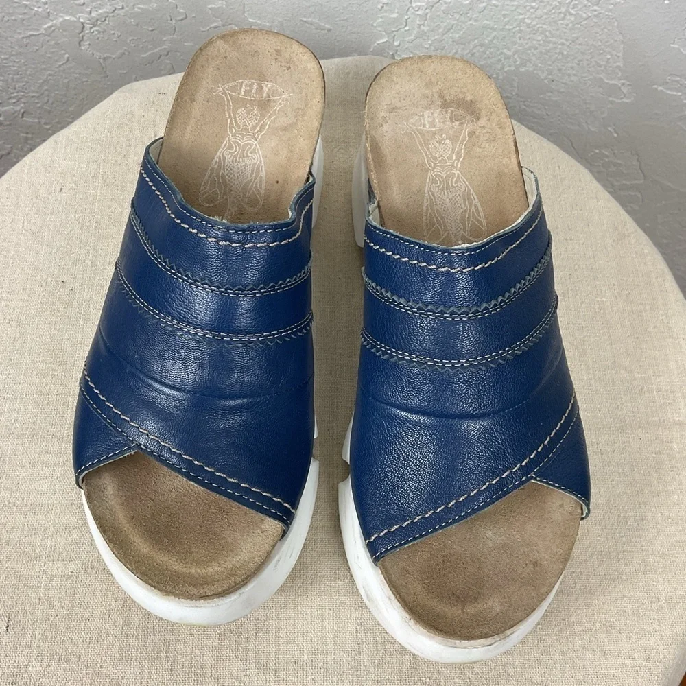 Fly London Suze Women’s Blue Leather Slip On Slide Platform Sandal Sz 41, US 10 - Picture 2 of 15
